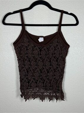 Women’s M Brown Ribbed Crochet Tank Whimsigoth Y2K Fairycore Goblincore McBling